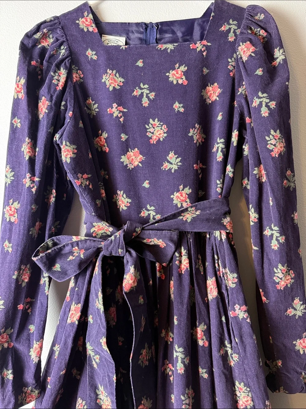 Vintage 80s Laura Ashley Navy Long-Sleeve Floral Maxi Dress with Pink Rose Print - Picture 3 of 8